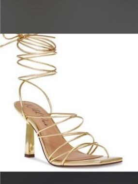 Wild Pair Gold Metallic Strappy High-Heel Sandal with Wrap Tie